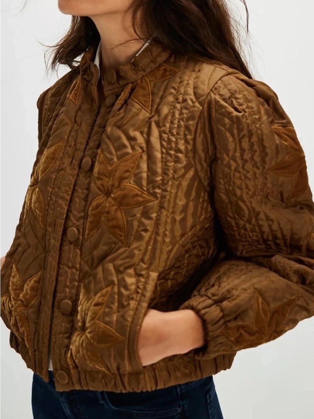 Free People Quinn Quilted Jacket Bronze Size Small S Floral Velvet Cropped